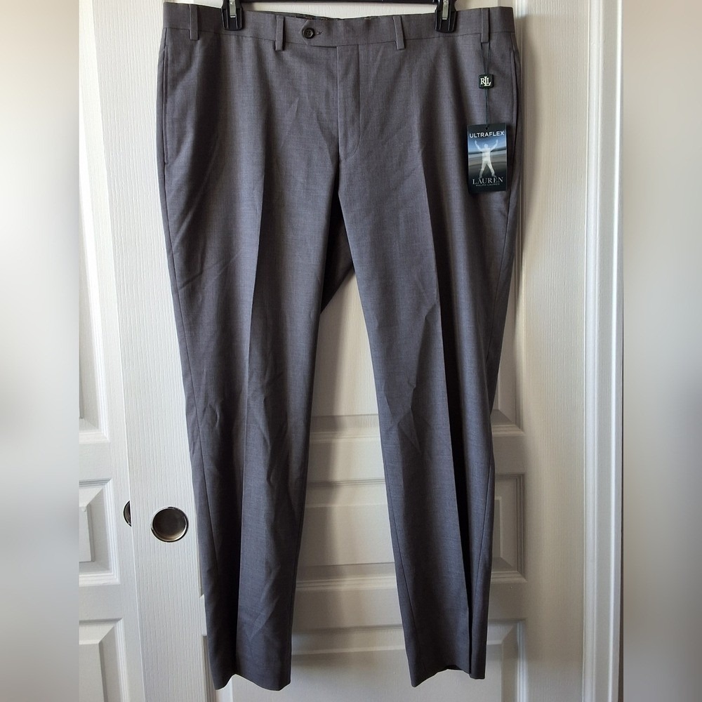 NWT Ralph Lauren Men's‎ Grey Ultra Flex Flat Front No Cuff Dress Pant 40wx30L